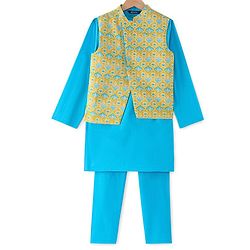 Pine Kids Full Sleeves Cotton Kurta Pyjama Set with Printed Jacket  - Blue & Yellow