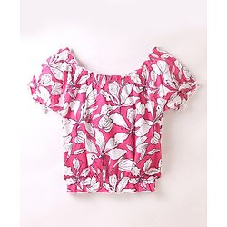 Pine Kids Cotton Half Sleeves Top with Tie up & Floral Print - Fuchsia