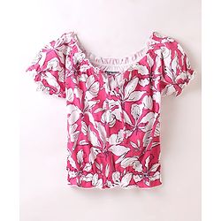 Pine Kids Cotton Half Sleeves Top with Tie up & Floral Print - Fuchsia