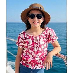 Pine Kids Cotton Half Sleeves Top with Tie up & Floral Print - Fuchsia