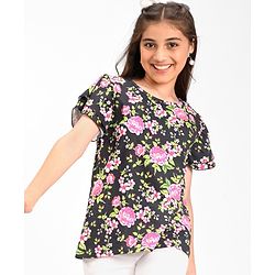 Pine Kids Cotton Knit with Frill Sleeves  Top with Floral Print - Black