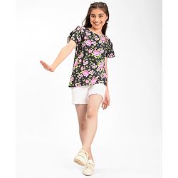 Pine Kids Cotton Knit with Frill Sleeves  Top with Floral Print - Black