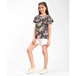 Pine Kids Cotton Knit with Frill Sleeves  Top with Floral Print - Black