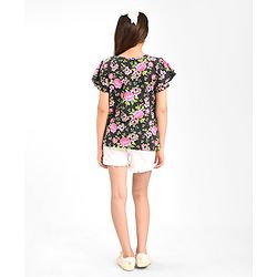 Pine Kids Cotton Knit with Frill Sleeves  Top with Floral Print - Black