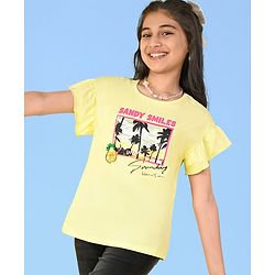 Pine Kids Cotton Half Flutter Sleeves T-Shirt Beach Print - Limelight