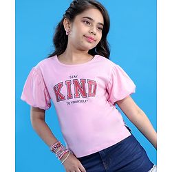 Pine Kids Cotton Half Sleeves Glitter Text Printed Top - Pink Frosting