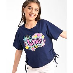 Pine Kids Cotton Knit Half Sleeves  Top with Knot Detailing  Text Print - Navy