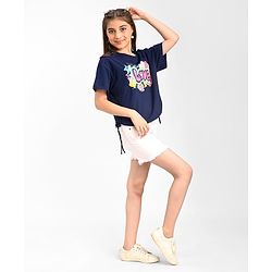 Pine Kids Cotton Knit Half Sleeves  Top with Knot Detailing  Text Print - Navy