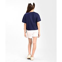 Pine Kids Cotton Knit Half Sleeves  Top with Knot Detailing  Text Print - Navy