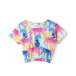 Pine Kids Cotton Half Sleeves Top with Side Tape & Cheetah Print - Limpet Shell