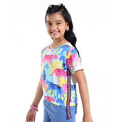 Pine Kids Cotton Half Sleeves Top with Side Tape & Cheetah Print - Limpet Shell
