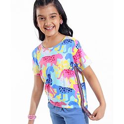 Pine Kids Cotton Half Sleeves Top with Side Tape & Cheetah Print - Limpet Shell