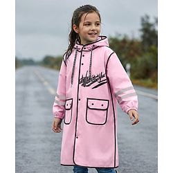 Pine Kids Full Sleeves Hooded Raincoat Text Print - Pink