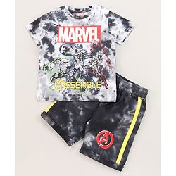 Pine Kids Marvel Cotton Knit Half Sleeves Tie & Dyed T-Shirt And Shorts Set With Avengers Graphics - Grey