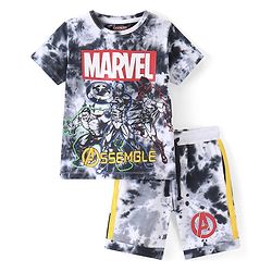 Pine Kids Marvel Cotton Knit Half Sleeves Tie & Dyed T-Shirt And Shorts Set With Avengers Graphics - Grey