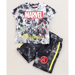 Pine Kids Marvel Cotton Knit Half Sleeves Tie & Dyed T-Shirt And Shorts Set With Avengers Graphics - Grey