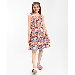 Pine Kids 100% Cotton Knit Sleeveless Frock With Floral Print - Snow White