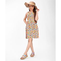 Pine Kids Cotton Sleeveless Floral Printed Frock - Aspen Gold