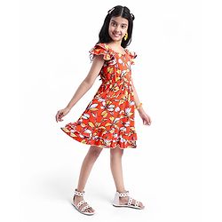 Pine Kids Cotton Knit Sleeveless Frock with Floral Print - Red