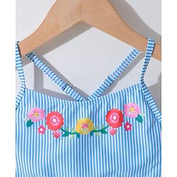Pine Kids Sleeveless Striped Two Piece Swimsuit with Floral Embroidery & Frill Detailing - Blue
