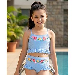 Pine Kids Sleeveless Striped Two Piece Swimsuit with Floral Embroidery & Frill Detailing - Blue