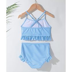 Pine Kids Sleeveless Striped Two Piece Swimsuit with Floral Embroidery & Frill Detailing - Blue