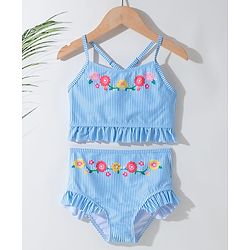 Pine Kids Sleeveless Striped Two Piece Swimsuit with Floral Embroidery & Frill Detailing - Blue