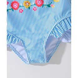Pine Kids Sleeveless Striped Two Piece Swimsuit with Floral Embroidery & Frill Detailing - Blue