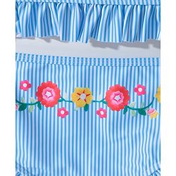 Pine Kids Sleeveless Striped Two Piece Swimsuit with Floral Embroidery & Frill Detailing - Blue