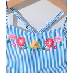 Pine Kids Sleeveless Striped Two Piece Swimsuit with Floral Embroidery & Frill Detailing - Blue