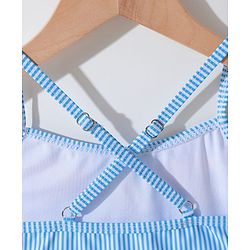 Pine Kids Sleeveless Striped Two Piece Swimsuit with Floral Embroidery & Frill Detailing - Blue