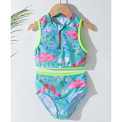 Pine Kids Sleeveless Two Piece Swimsuit with Butterfly Print - Green