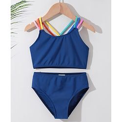 Pine Kids Sleeveless  Two Piece Swimsuit Solid Colour - Blue