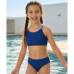 Pine Kids Sleeveless  Two Piece Swimsuit Solid Colour - Blue
