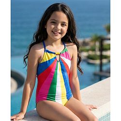 Pine Kids Sleeveless Striped V Cut Swimsuit - Multicolor