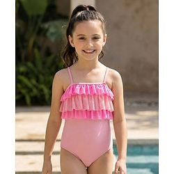 Pine Kids Sleeveless V Cut Swimsuit with Frill Detailing - Pink