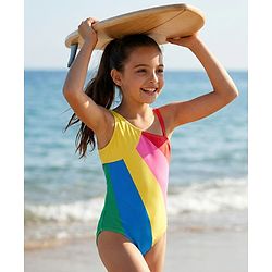 Pine Kids One Shoulder Sleeveless Striped  V Cut Swimsuit - Multicolor