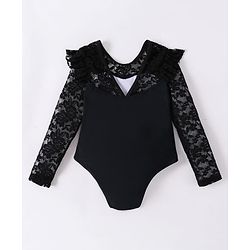 Pine Kids Full Sleeves V Cut Swimsuit With Frill Detailing - Black
