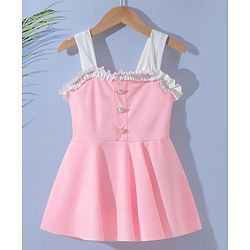 Pine Kids Sleeveless Solid Frock Swimsuit  with Fril Detailing - Pink