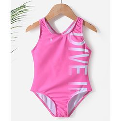 Pine Active Sleeveless  V Cut Swimsuit with Text Print - Pink
