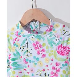 Pine Kids Full Sleeves V Cut Swimsuit with Cap Floral Print -  Multicolor