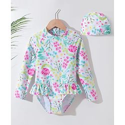 Pine Kids Full Sleeves V Cut Swimsuit with Cap Floral Print -  Multicolor
