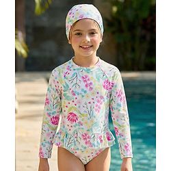 Pine Kids Full Sleeves V Cut Swimsuit with Cap Floral Print -  Multicolor