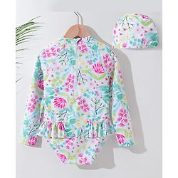 Pine Kids Full Sleeves V Cut Swimsuit with Cap Floral Print -  Multicolor