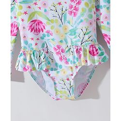 Pine Kids Full Sleeves V Cut Swimsuit with Cap Floral Print -  Multicolor