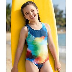 Pine Kids Sleeveless V Cut Swimsuit With Galaxy Print - Multicolor