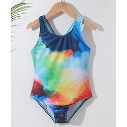 Pine Kids Sleeveless V Cut Swimsuit With Galaxy Print - Multicolor
