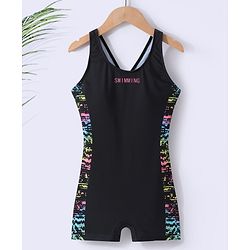 Pine Active Sleeveless Racer Back Legged Swimsuit with Text Print - Black