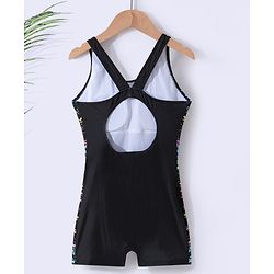 Pine Active Sleeveless Racer Back Legged Swimsuit with Text Print - Black