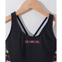 Pine Active Sleeveless Racer Back Legged Swimsuit with Text Print - Black